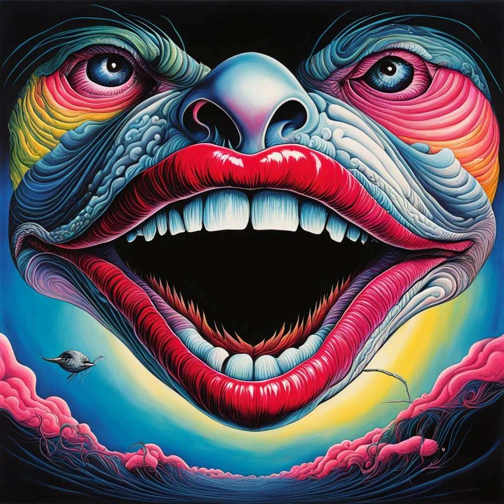 colorful, from god's (lips:1.5) to the devil's ears, aw (maw:1.5) do we hafta go to bed so early?, by michael Gaydos, Gerald Scarfe, surreal, emotionally disturbing, dark vibrant colors, trippy Pink Floyd Aesthetics