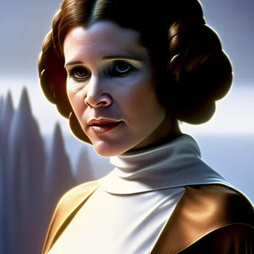 wide angle stunning photo realistic portrait of carrie fisher as Princess Leia in star wars with photo realistic fine and very simple hairstyle, brown eyes, eos5d mark 4, ef 85mm 5.6, professional majestic photo realistic painting by Ed Blinkey, Atey Ghailan, by Jeremy Mann, Greg Manchess, Antonio Moro, trending on ArtStation, Intricate, High Detail, Sharp focus, dramatic, by greg rutkowski, realism, beautiful and detailed lighting,