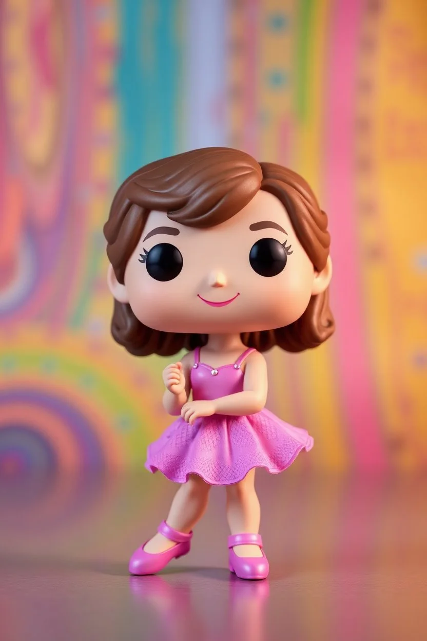 Funko Pop, very young female, medium wavy brown hair, pink ballerina dress, dance pose, smiling, very happy, colorful background, allowing visibility of the figure, typography, 3D render.
