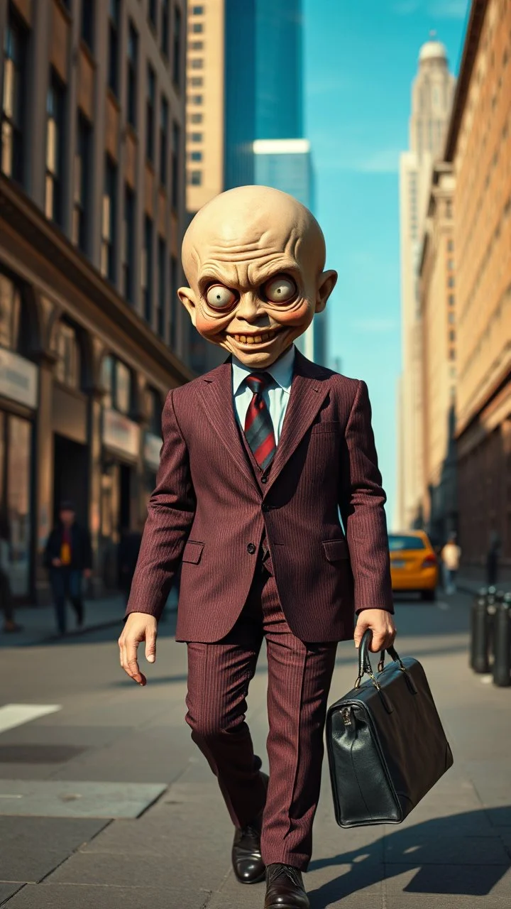 A mean man with suite carrying a business bag walking in the new York street , his head is replaced with an old scary doll head, scary smile , big eyes high quality, 8k