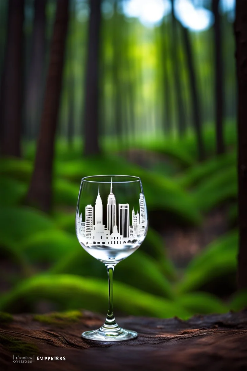 Create hyper-realistic photo of a wine glass in a wild forest. Inside, a miniature [New York] with landmarks. A trasparrent 3D text of [New York] a ballerina dancing on a open stage blends naturally into the landscape . Soft bright daylight, reflections, and subtle imperfections like fingerprints. DSLR quality, sharp focus.