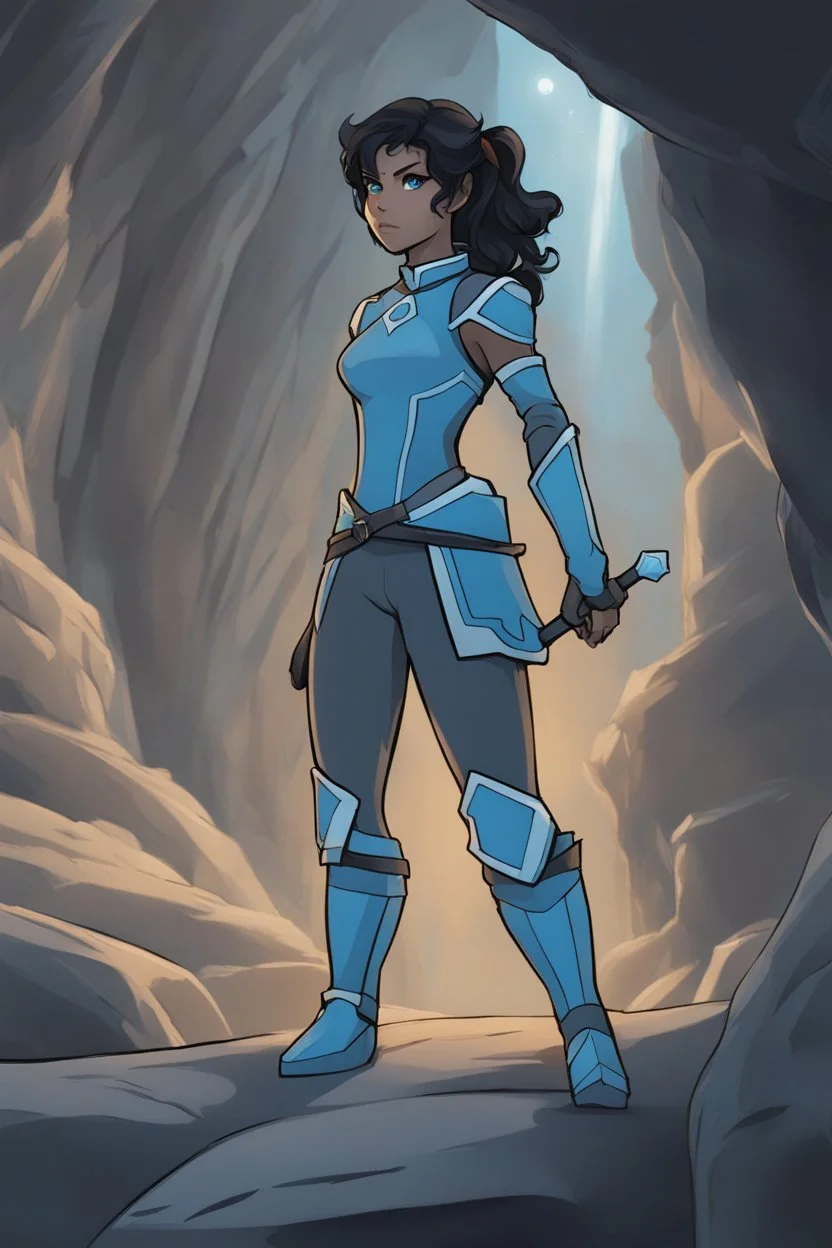 Korra the Avatar as a female Moonelf twilight cleric with black, very curly, very short hair and blue eyes, wearing gray armour. Etheral, muscular. Standing in a dark cave.