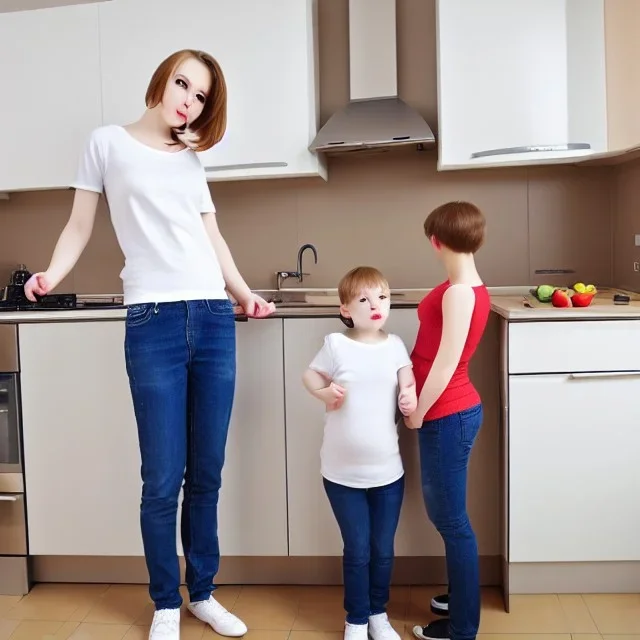 Realistic photo Russian shorthair beautiful 20-years tomboy boyish boylike young mother-in-future wide hips in kitchen