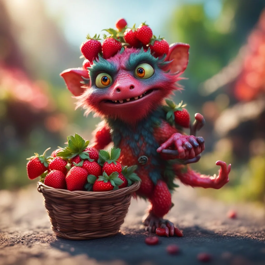 hairy heavy metal kobold strawberry beast hippie with long eyebrows holding a basket of berries,bokeh like f/0.8, tilt-shift lens 8k, high detail, smooth render, down-light, unreal engine