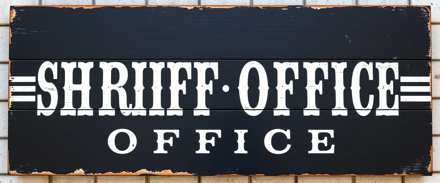 fill composition with large and wide historical hand painted old western sign that reads: "SHRIFF OFFICE" white on black with inset white stripe boarder aged paint on wood sanserif