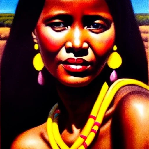 Drawing of 'woman from Maasai tribe',sweet stare,painting by Earl Norem, simon Bisley,frazetta,西嘛哒, evan lee, Vallejo,kelly,Paul Gauguin oil on canvas, cinematic composition, extreme detail,fit full head inside picture,8k