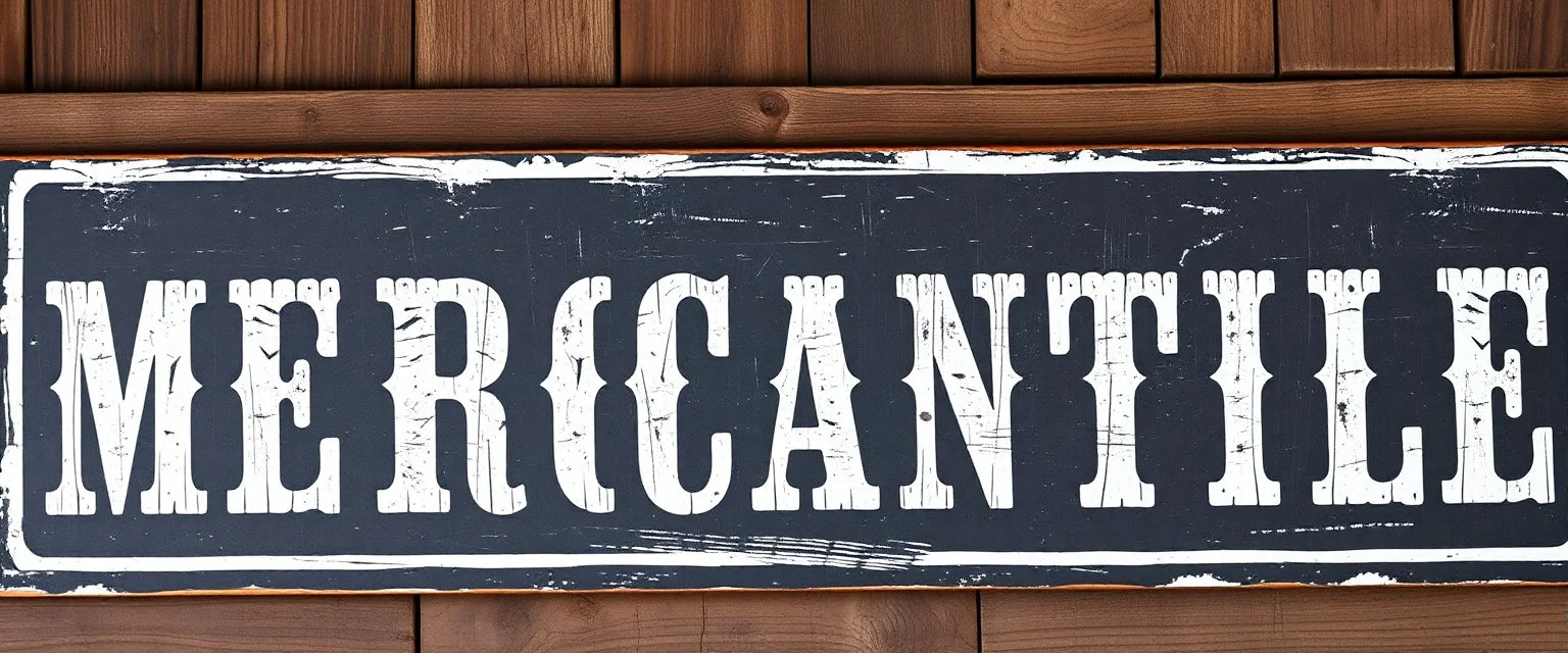 fill composition with large and wide hand painted old western sign that reads: "MERCANTILE" white on black with inset white stripe aged paint on wood sanserif