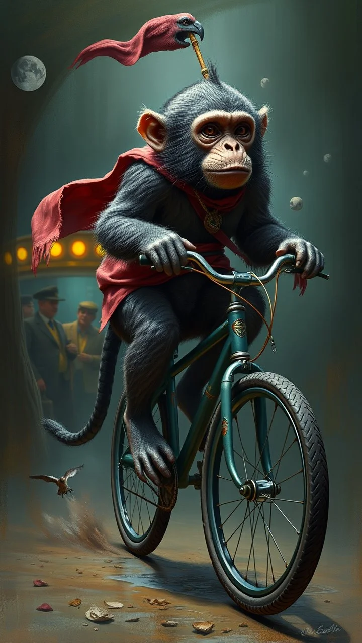 Bosch painting style nightmare , 3D , a monkey on one wheel circus bike high Quality picture , 8k