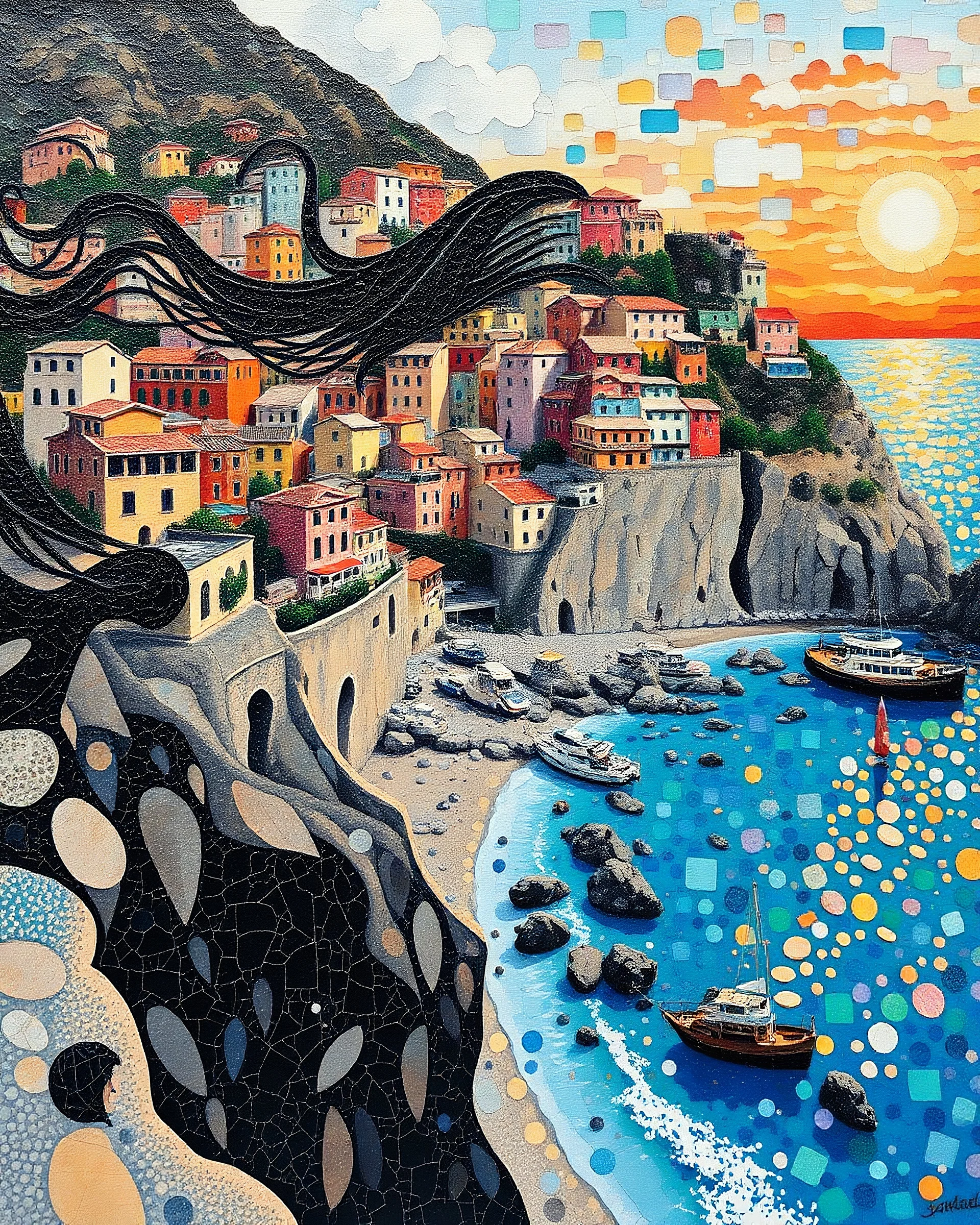 Montage part torn collage shiny Trippy effect. Impasto style oil painting of figures full of granite terrazzo motifs with beach On the cliff, the figure full an girl the body is made of granite terrazzo motifs black with textured brush strokes, long hair is made of immersive experience, granite floor 120x120 observes the colorful village as if it were a skilled artist who has just completed its masterpiece textured brush strokes. Cubist ceramic abstract descending from a amazing stained gla