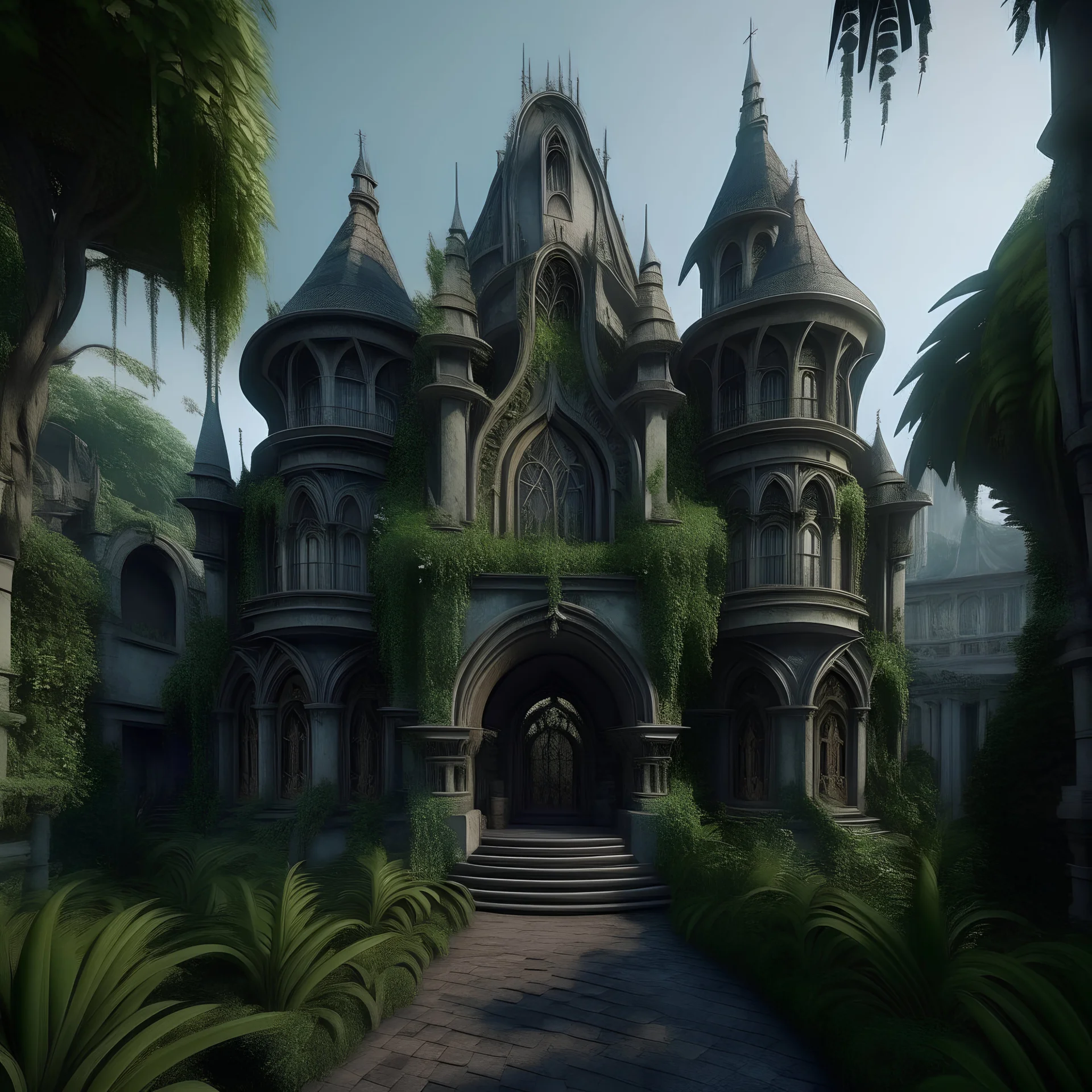 hyperrealistic whimsical stylized gothic surreal sculpted villa in the jungle photography dashing through an old town 8k, ultra high quality, insanely detailed, --ar 3:2