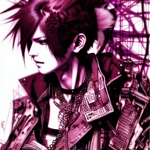 beautiful punk girl, hyper detailed, hyperdetailed, intricately detailed, illustration by <Yoji Shinkawa>, purple tones, darkred tones,