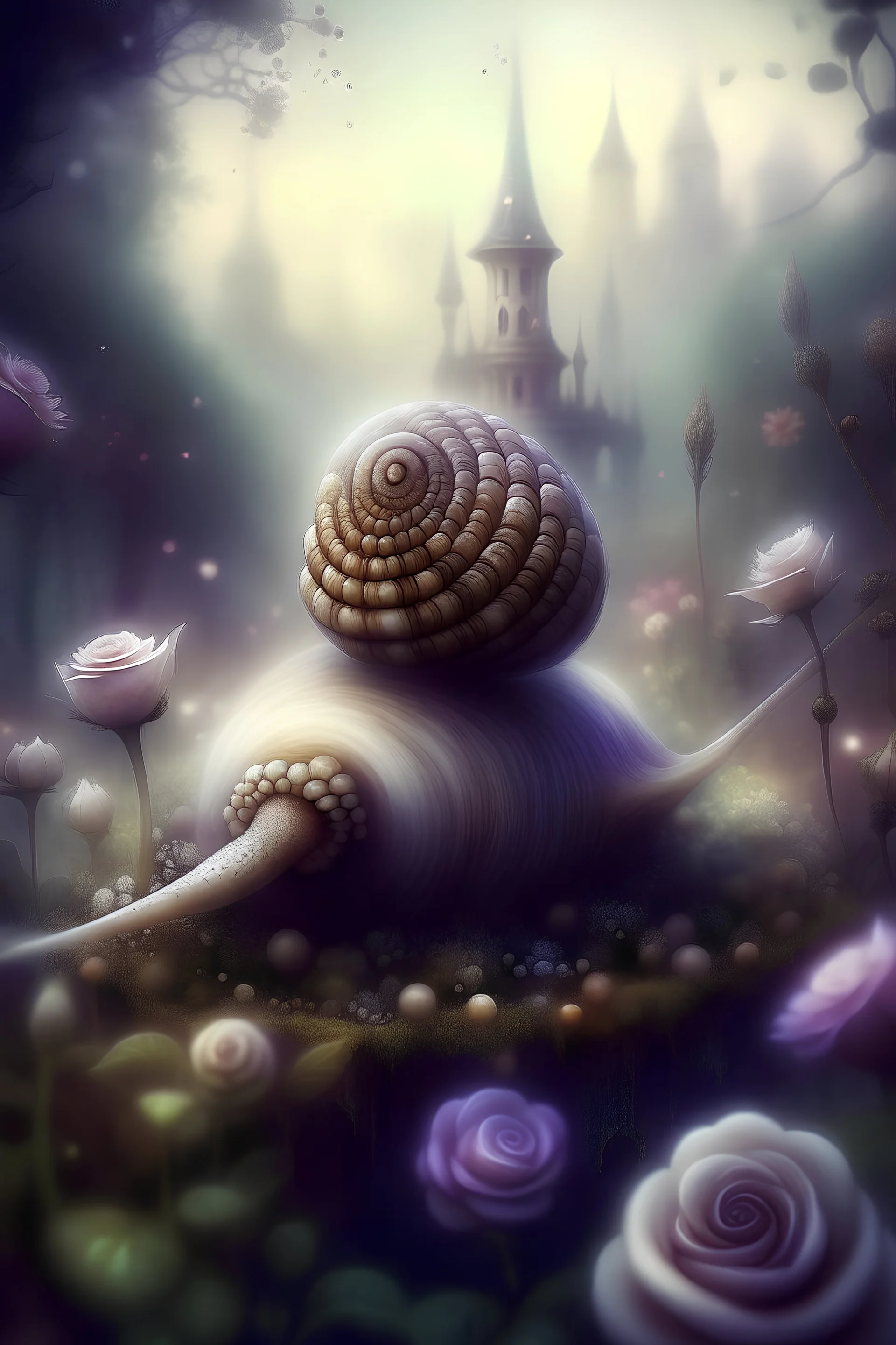 snail, background magic mystical fairy garden, intricate, soft, foggy, beautiful