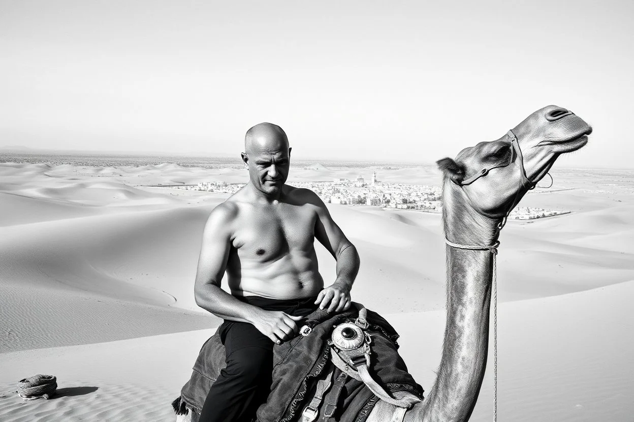 man looking like "Walter White" in breaking bad tv show, bald, with bare chest riding on a camel in sahara in desert, panorama, black and white photo, staring at a small town in horizon