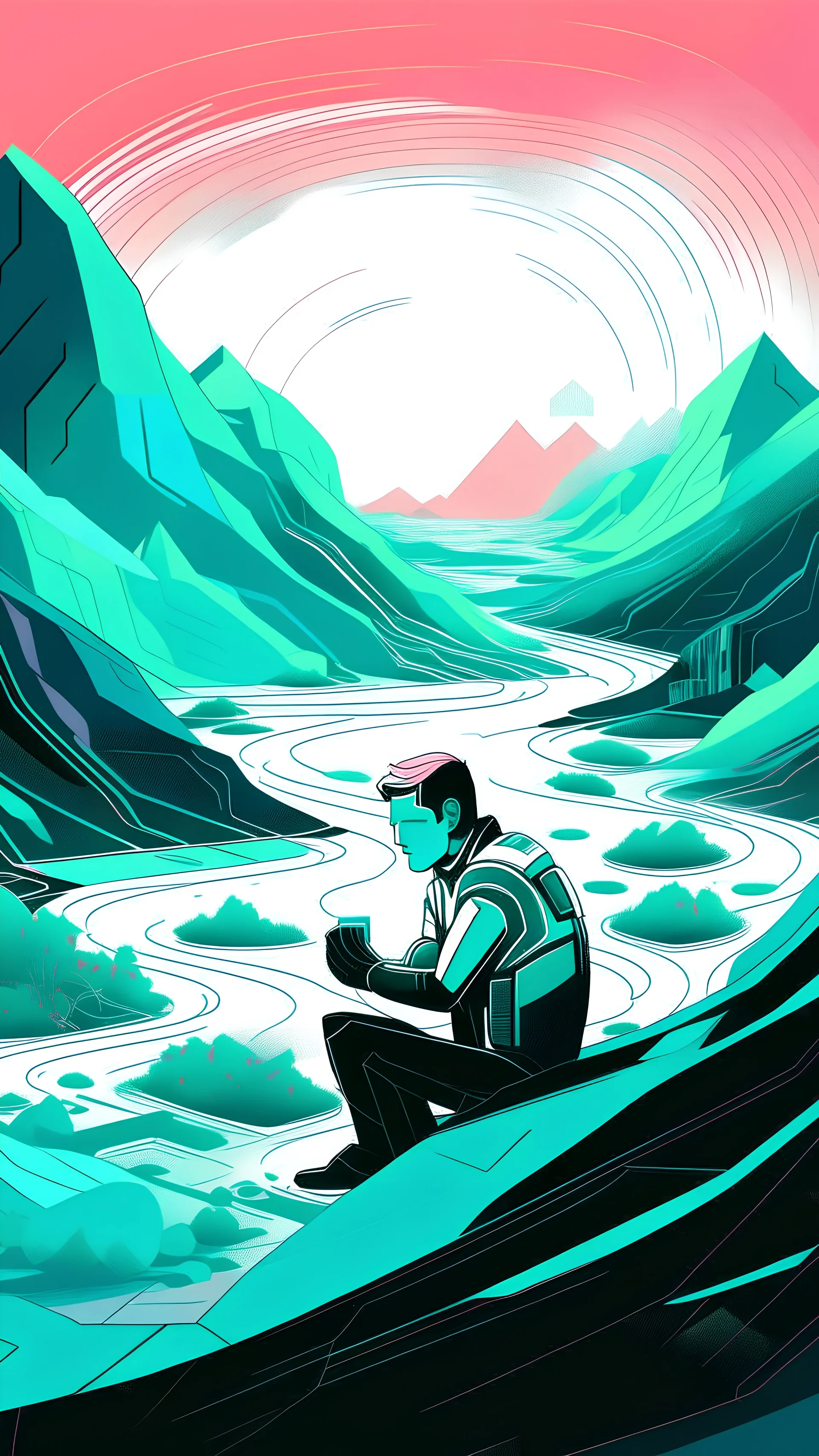 Futuristic serigraphy of a man surround by a digital landscape.