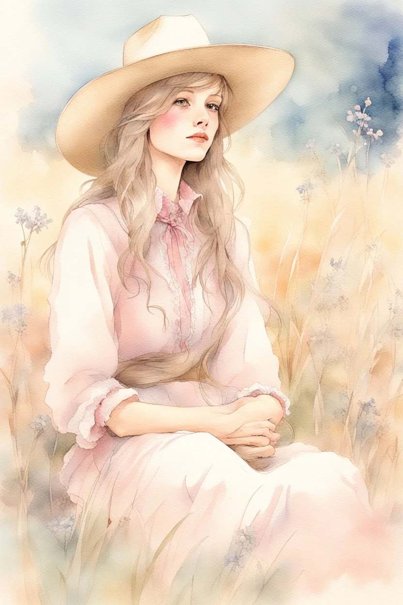 P: a young old-time cowgirl sitting in wildflowers and tall grasses, peaceful vision, wisps of hair around her face, straw hat, pink floral dress, muted colors, soft watercolor