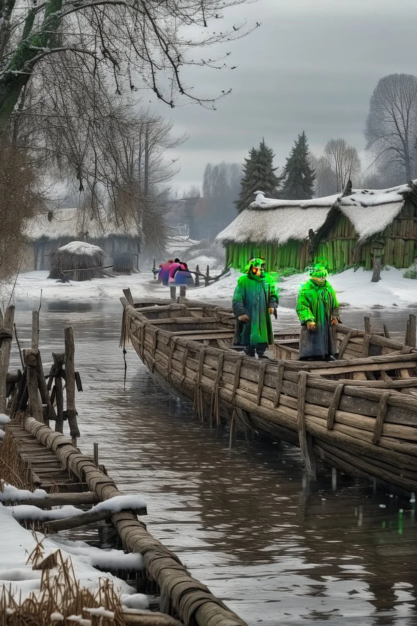 it's the beginning of winter, it's snowing lightly. 21st century. Russian countryside. Two hunters and a dog in a boat approach a completely destroyed wooden bridge over a river leading to a village, with several wooden piles sticking out of the water. A dilapidated Orthodox church stands on the right bank. High quality image in 8K format.