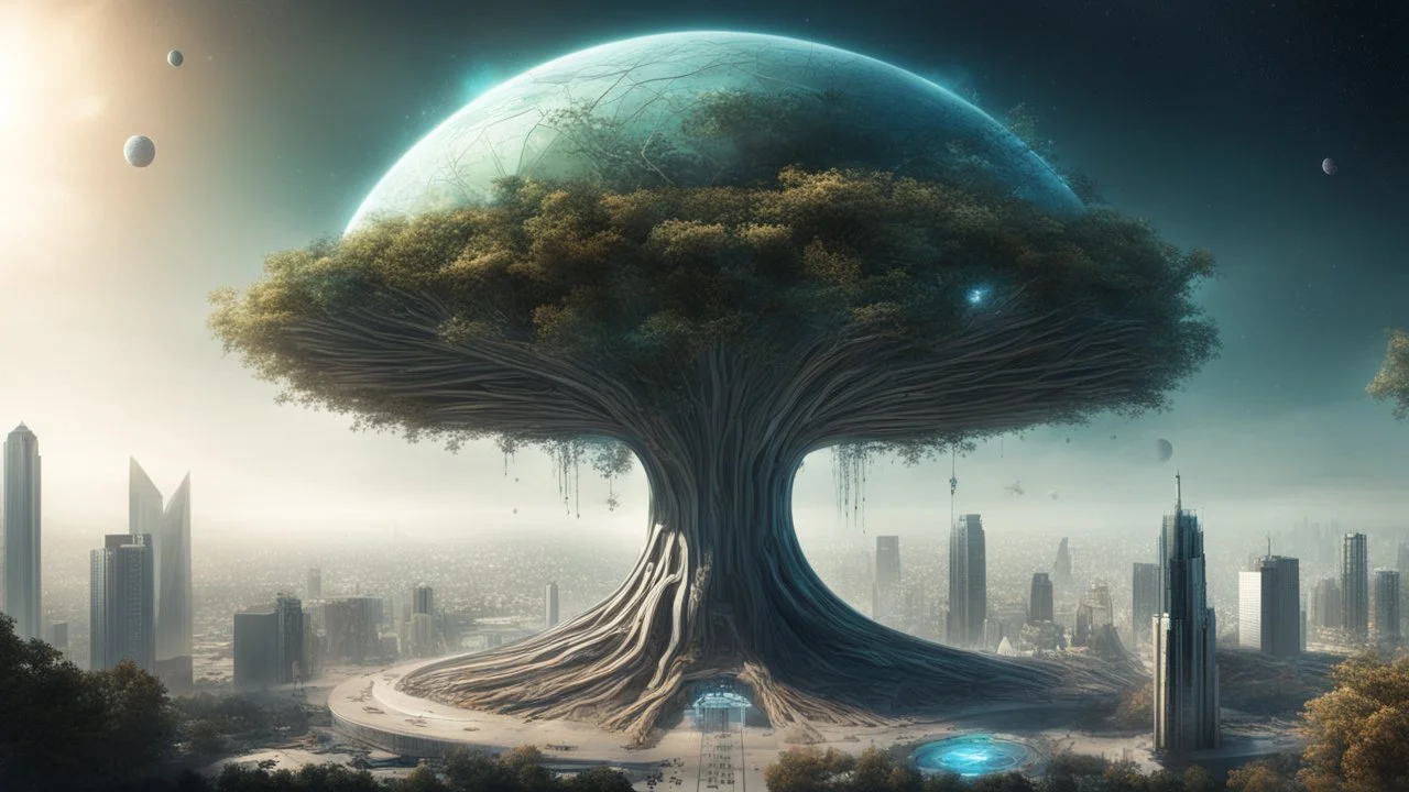 the last tree, city of the future year 3222, big portal to space