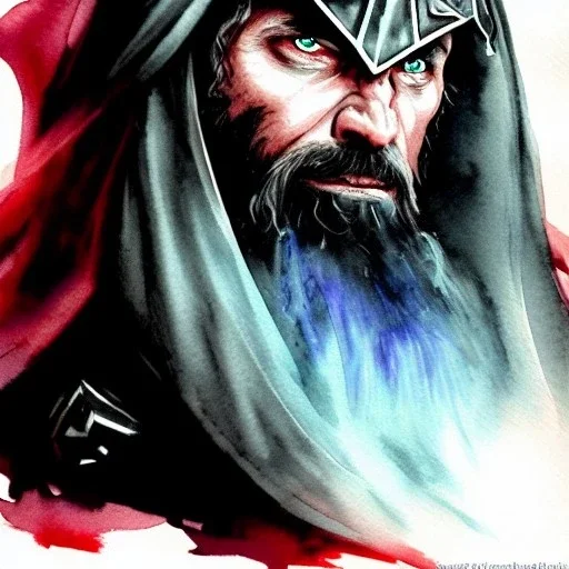 dungeons and dragons, fantasy, dwarf, dark priest, full plate armour, ironclad, dark silvery metal, dark red glow, watercolour, large strokes, distinct face, portrait, head