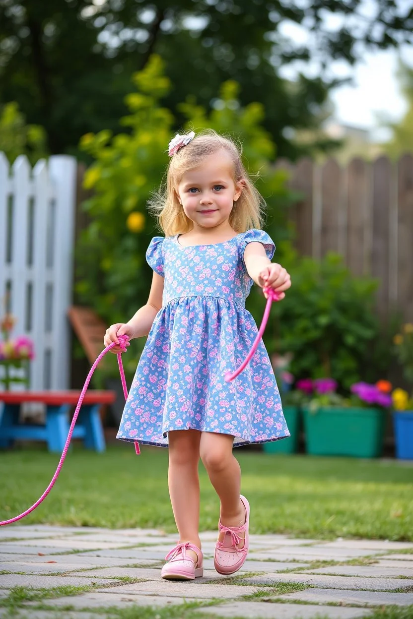 a pretty 5 years old girl with blue eyes and nice dress and shoes skipping rope in children play garden