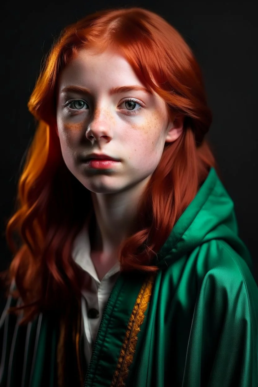 A 12 years old girl with red hair and green eyes and she is wearing a Hogwarts robe