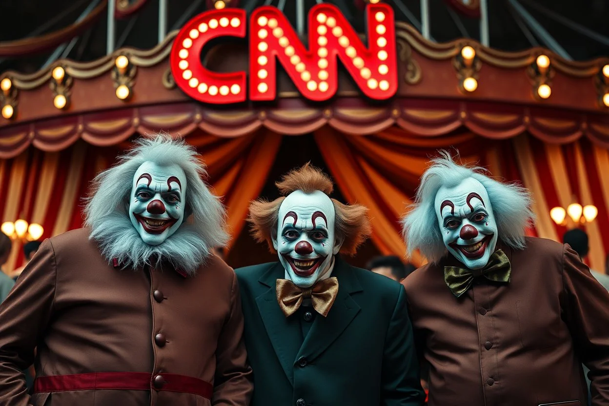 a group of clowns in front of the circus with a CNN logo