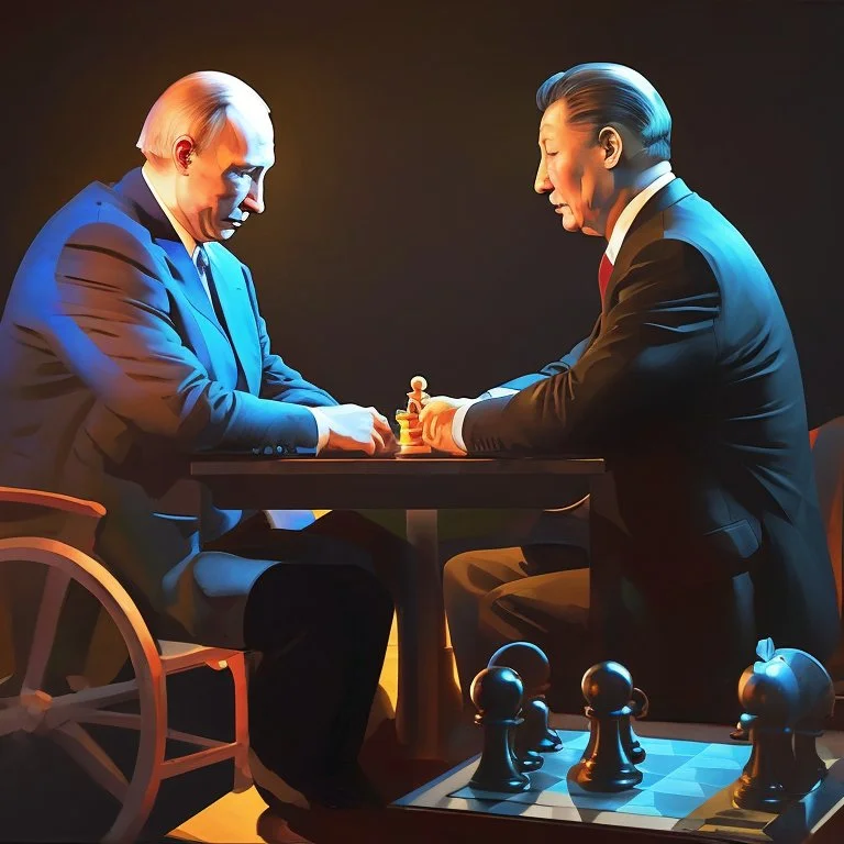 Putin, President Xi Of China And Joe Biden Play Chess between lights and shadow With A Pigeon,And Atomic Bomb Mushroom Cloud,Complex Surgical Instruments Intermixed With A Newborn Boy,Minimalism,Painting By Adrian Ghenie,Rene Magritte,Pablo Picasso,Michelangelo,Salvador Dali,Lucian Freud