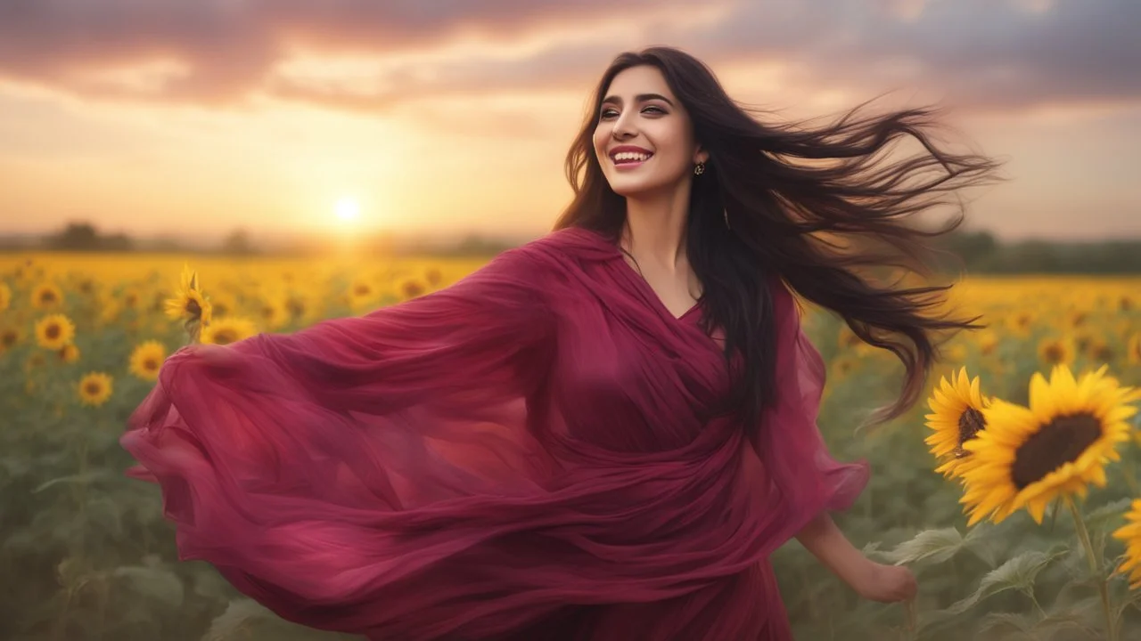 Hyper Realistic Close-up-view of a Beautiful-Young-Happy-Pashto-Woman-Smiling with beautiful-long-black-hair-&-pink-dress-with-maroon-shawl & breeze-whirling in a sunflower-field with a tree behind & cloudy-sunset showing dramatic & cinematic ambiance