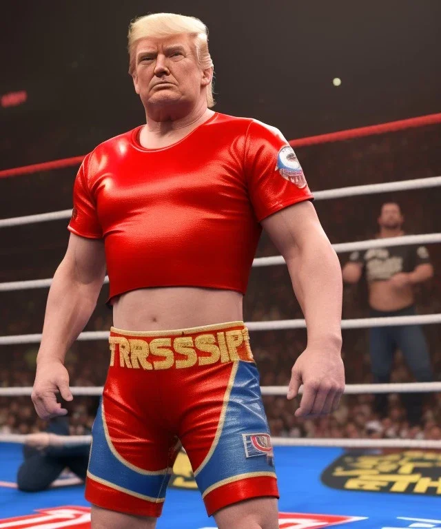 Realistic image of Donald trump wrestler, Mexican wrestling, red and blue breeches, suspenders, retro style, 80s, red, gold, vibrant color, highly detailed, clean background, concept art, unreal engine 5, god rays, ray tracing, RTX, lumen lighting, ultra detail, volumetric lighting, 3d, finely drawn, high definition, high resolution.