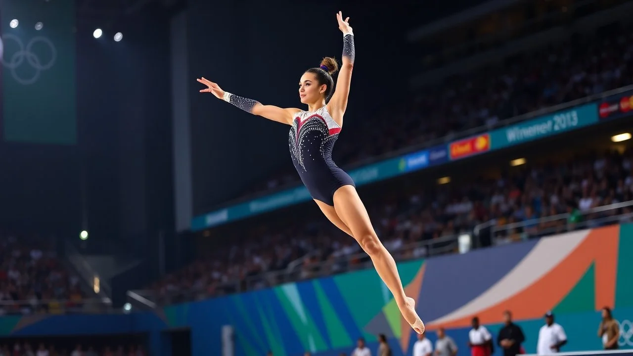 Please provide a detailed Photo of a female gymnast performing her routine on the floor exercise at the Olympic Games. Include specific elements of her performance, such as her choreography, the difficulty of her moves, her artistry, and how she engages the audience. Additionally, describe the atmosphere of the event, the reactions of the crowd, and any notable aspects of her presentation. The output should be structured in a way that captures the excitement and technical skill of the performanc