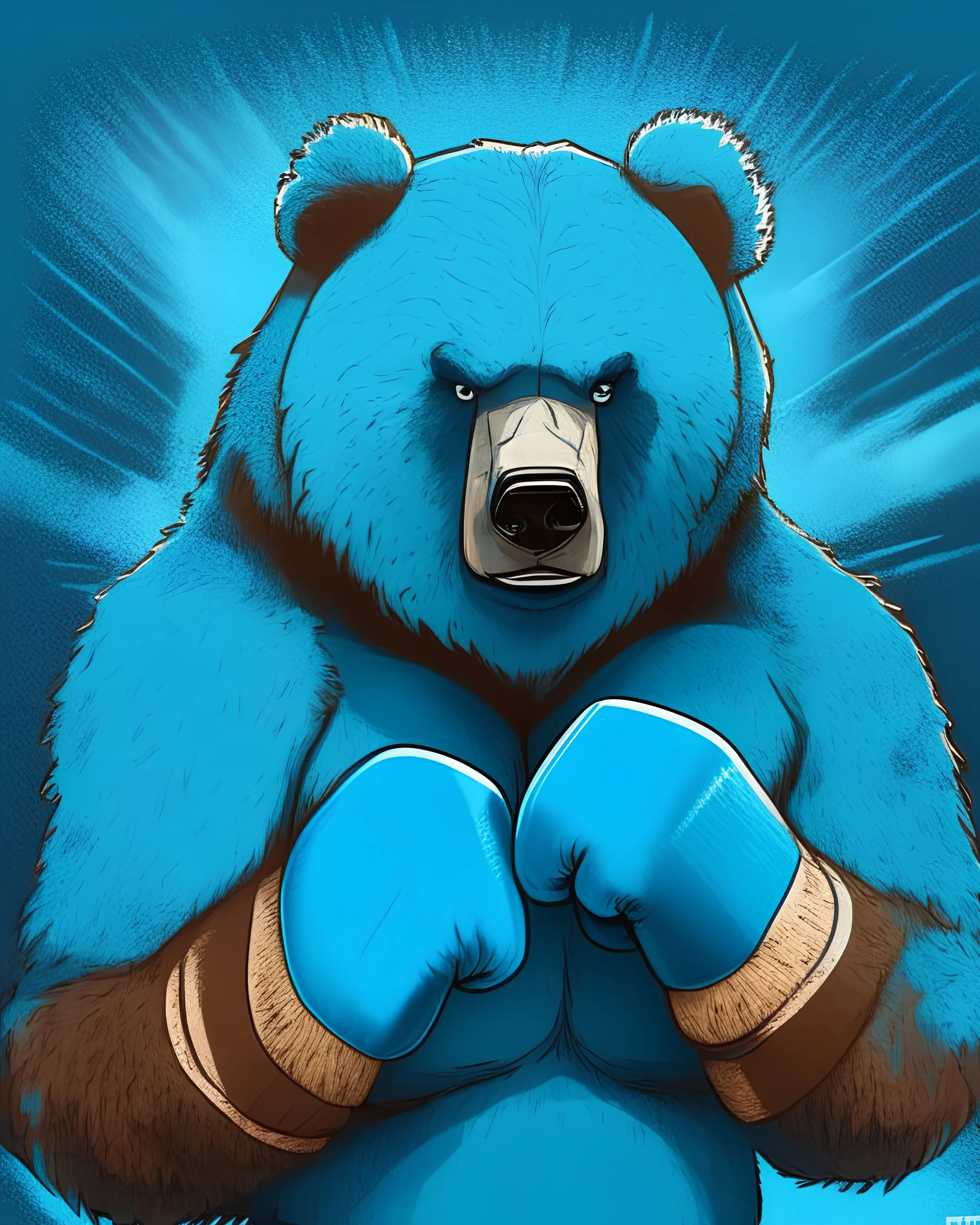 A grizzly bear with bright blue fur with boxing gloves looking at you on in an illustration style