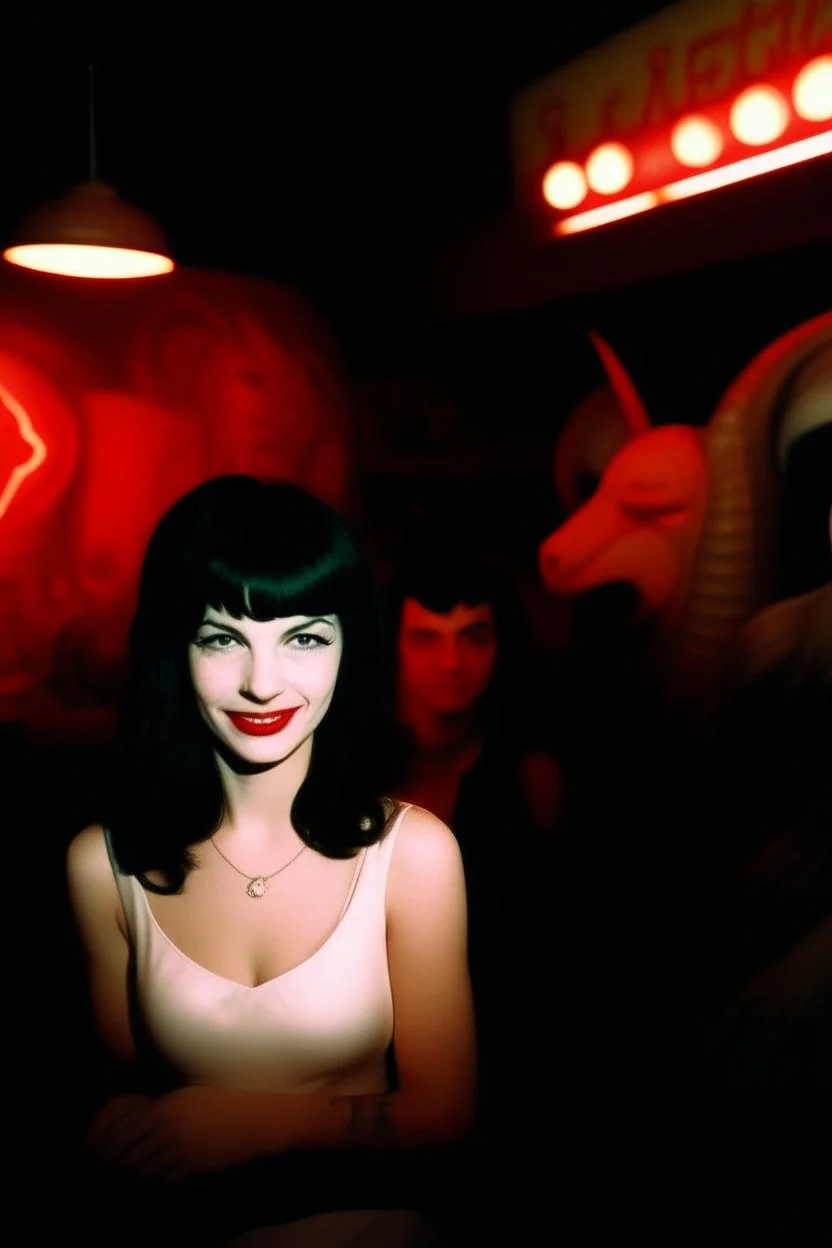 Betty Page and demonds, art from soviet style 1980 movie. Heavy metal arcade. perfect lighting, leica summicron 35mm f2.0, kodak portra 400, film grain. hangover post party, wasted, closeup. fog. mist.