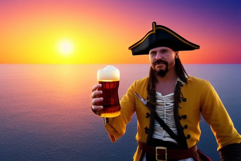 Ein Pirat, der vor seinem Schiff steht und ein Glas Bier in der Hand hält. Im Hintergrund sieht man ganz viele Zitrusfrüchte herumliegen. Das Bild soll ein gelblichen Ton durch den Sonnenuntergang haben. Realistisches Bild 4K