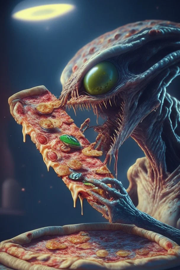 Alien eating pizza,highly detailed, artstation, sharp focus,4k