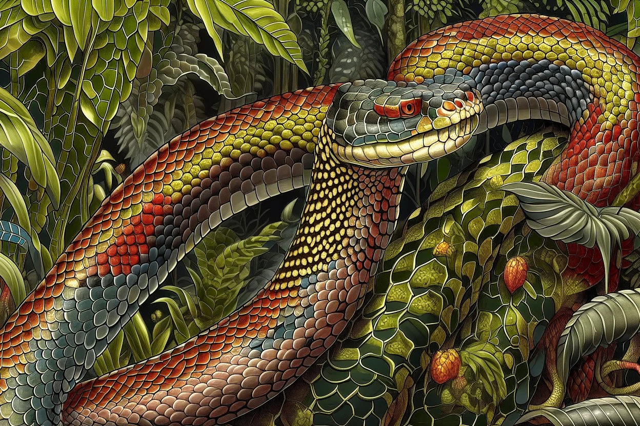 Hybrid 50% animal 50% plant: king cobra (Oipohagus hannah) x Jack-in-the-Pulpit (Arisaema triphyllum) Full width 16:9 close-up illustration filling the entire image width of a hybrid king cobra (Oipohagus hannah) x Jack-in-the-Pulpit (Arisaema triphyllum) creature against a lush forest background. The hybrid has a large, hooded flower with smooth, scaly, green-and-burgundy stripes that is simultaneously the head of a king cobra ready to strike. The upper part of the hood appears to have eyes, an