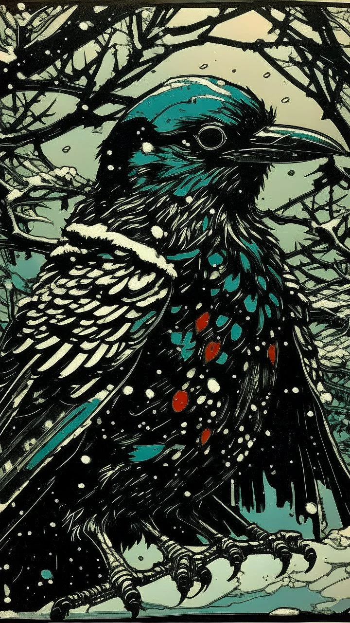 A contemporary serigraphy portrait by Kuniyoshi of a crow adorned in a punk leather jacket within a snowy Christmas atmosphere.