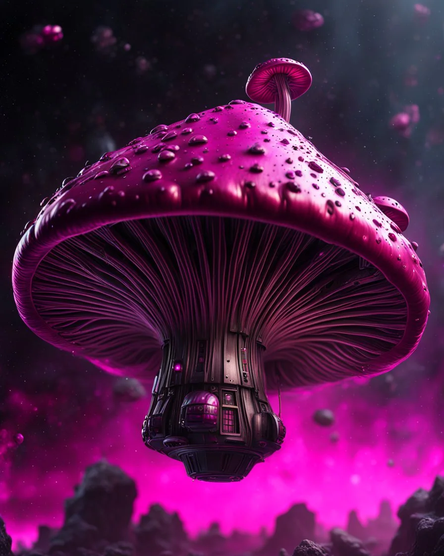 singular weird floating mushroom house in space. bronze, black, and fuchsia tones, intense cosmic space, intergalactic, interstellar. Detailed Matte Painting, deep color, fantastical, intricate detail, splash screen, hyperdetailed, insane depth, concept art, 8k resolution, trending on Artstation, Unreal Engine 5, color depth, backlit, splash art, dramatic, High Quality Whimsical Fun Imaginative unusual, good composition