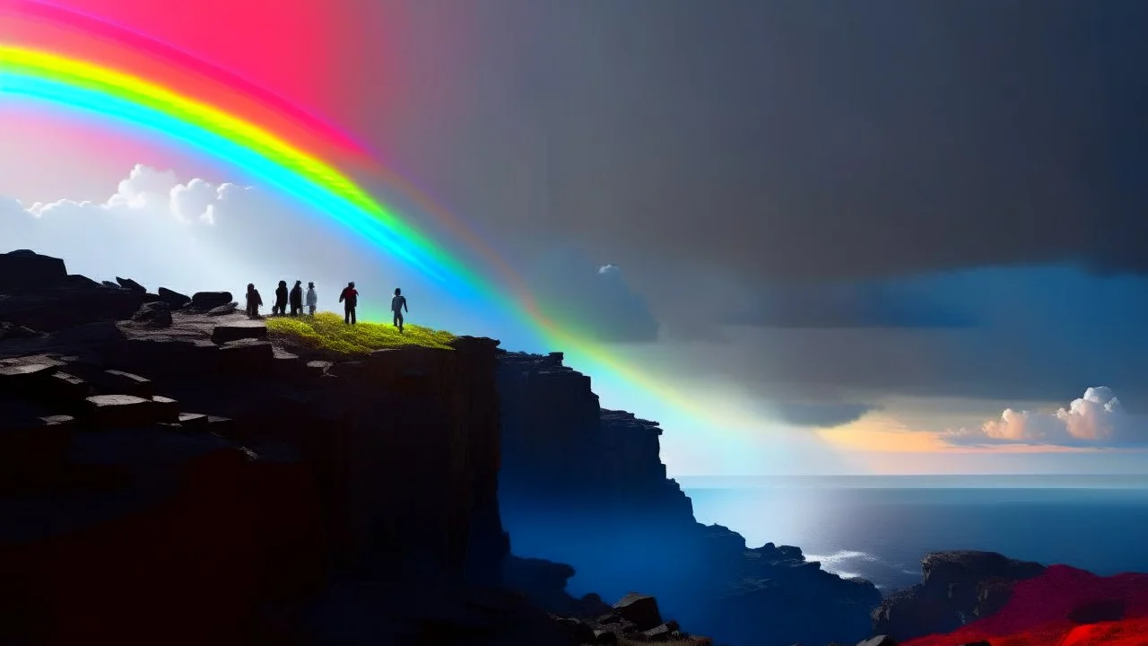 Doctors Without Borders provides immediate medical aid during humanitarian emergencies.Rainbow symbol of peace up on the sky,Photo-realistic scene ,desolate, standing on a jagged cliff, overlooking turbulent, inky black ,A storm brews in the distance, with dark, ominous clouds gathering, powerful beam pierces the darkness, and within its light, ethereal shadows of shipwrecked souls can be seen, their translucent forms forever searching for a way home.