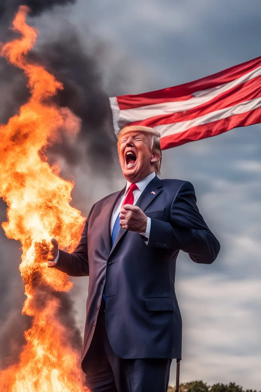 donald trump maniacally laughing as he burns the american flag