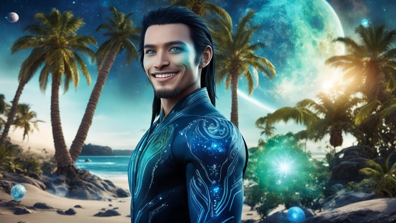 beautiful gorgeous young man na'vi with long hair, Avatar, blue skin, two small ears, green eyes, black hair, in cosmic suit, galactic ambiance, medium pointy goatee , smiling, with spaceship and planets and palm trees and clear crystaline cosmic beach in background