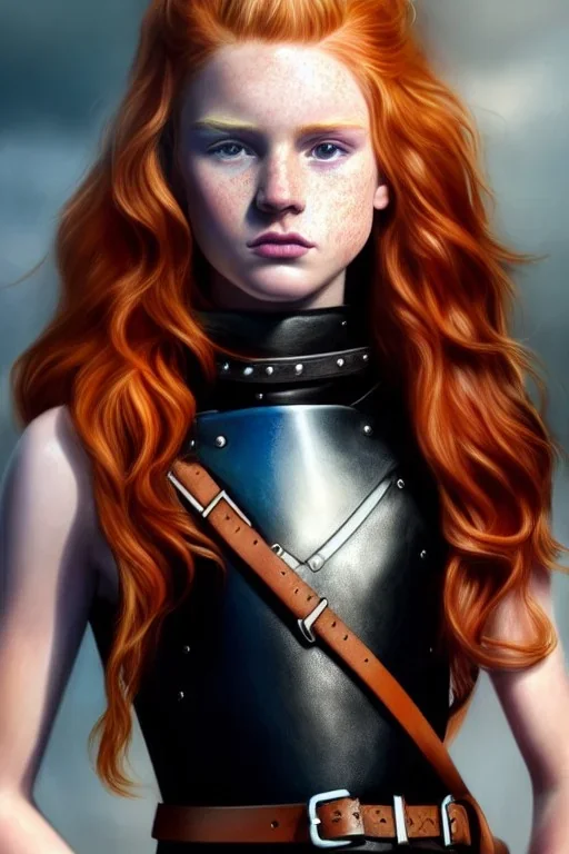 hyperrealistic, concept illustration, super-detailed, beautiful teen female who is 16 years old with long ginger hair and freckles with full lips,, full body, full face, athletic, centred camera, ignore NSFW, skimpy brown fantasy leather armor, halter top, thong, knee-high leather boots, open leather skirt, stern expression, cute pose