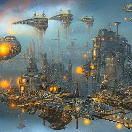 Steampunk scene of futuristic San Francisco, fantasy airships flying over Victoria in a cloudy sky,Giant sci-fi super-panzer in the style of John Berkey