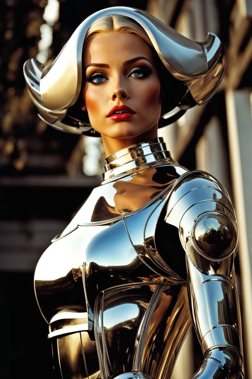 female humanoid robot, beautiful like a supermodel from the sixties, beautiful eyes, sexy, helmut newton, glass bubble