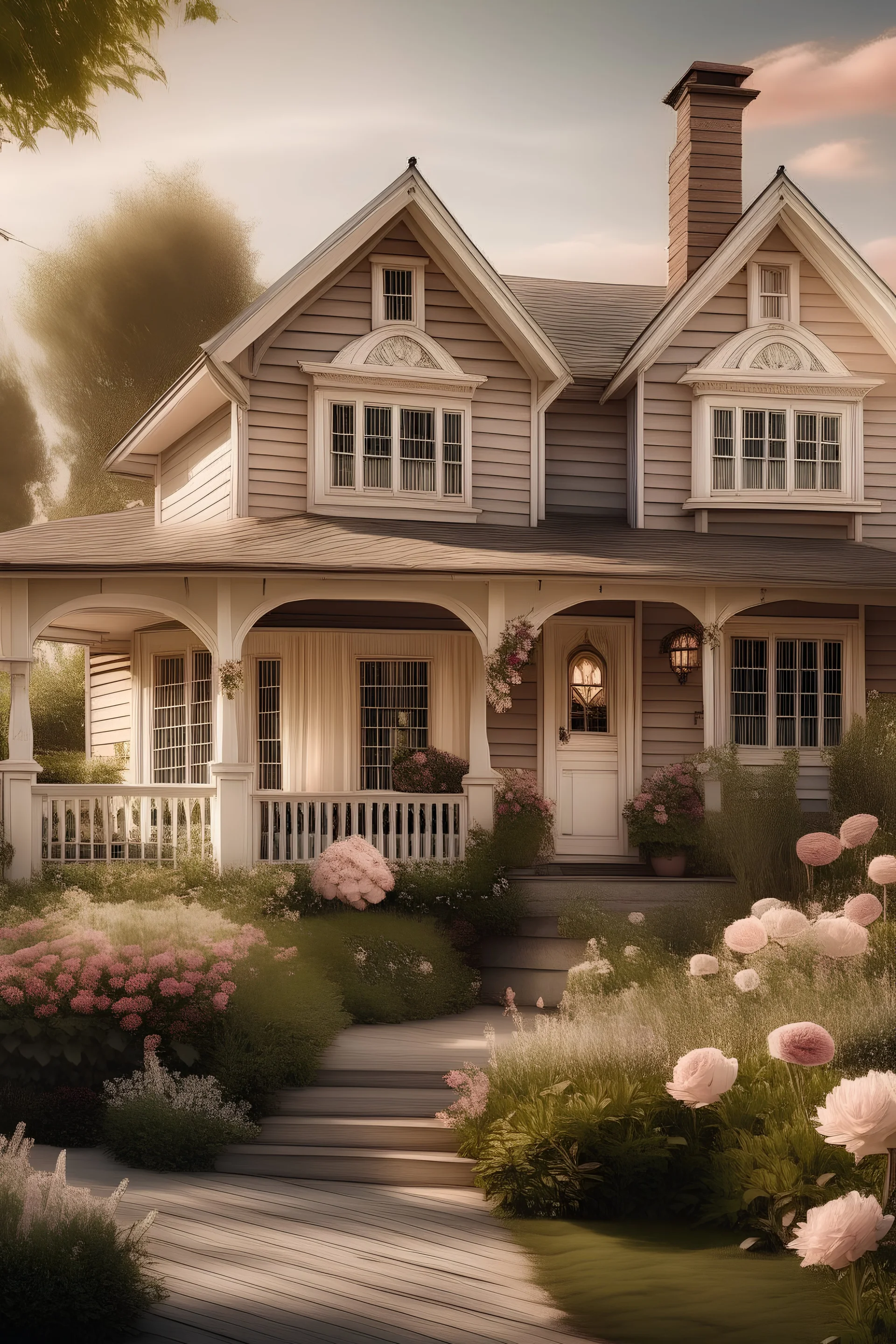 vintage style home with a cottage feel with pops of light pink flowers outside of house realistic