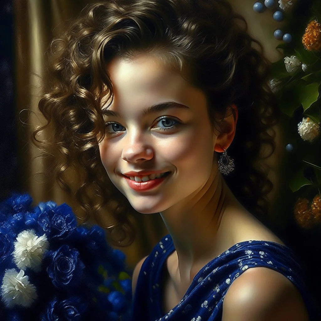 sweet, very fashionable girl, beautiful 20 years old, midnight blue beaded dress, pearl, flowers, light curls, curls, slicked back hair, sweet smile, olive bright eyes, perfect proportions, perfect face, perfect anatomy, perfect hands, sophisticated, backlight , atmospheric, oil painting, pastel pencil, volumetric hyperrealism, over-detailed, photorealistic, professional photography, high quality, clear focus playground