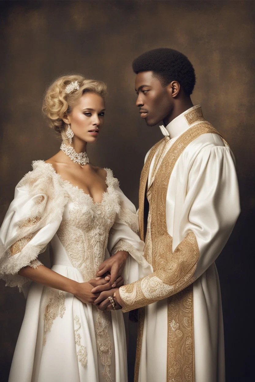 interracial marriage, blonde man and mulatto woman, wearing aristocratic robes