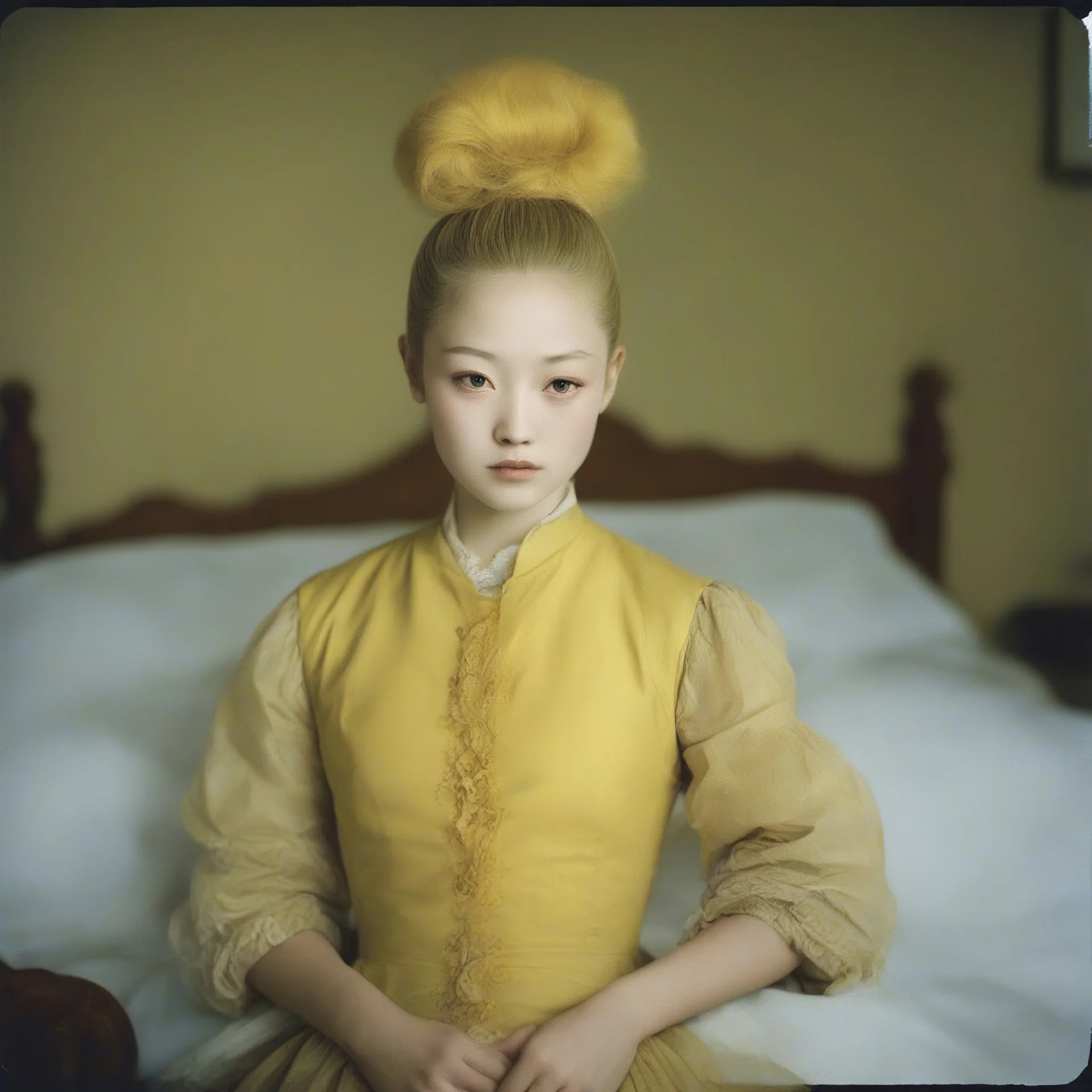 Old autochrome of devon aoki , strange hair yellow bun,,in a bedroom, in 1780