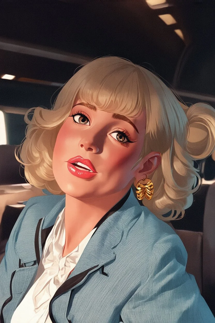 cartoon portrait of extremely feminine, sexy stewardess lady in blue uniform with blonde hair and strong makeup, big smoky eyes, huge pouty inviting luscious lips and large golden earrings