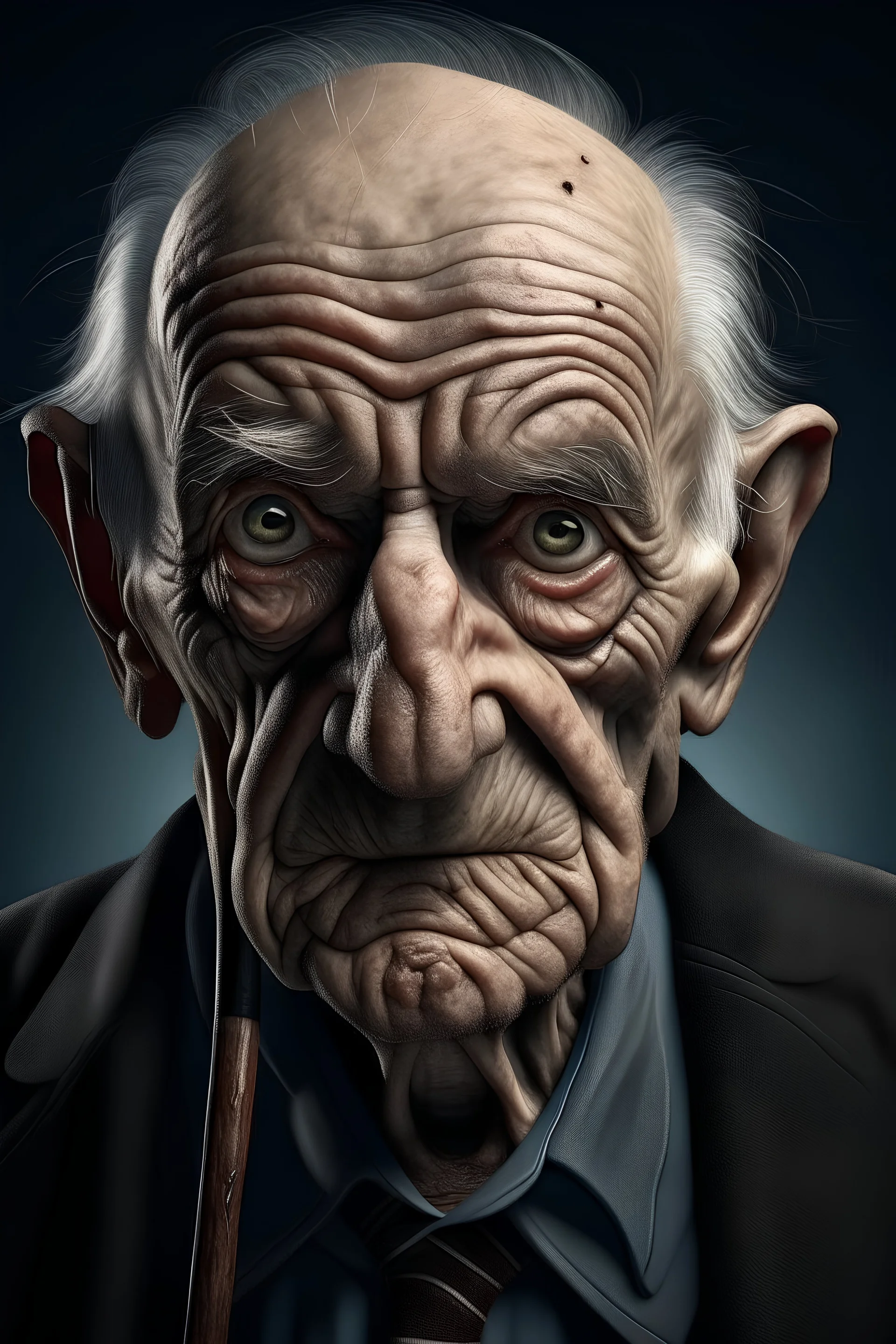 wrinkled old man with bloodshot eyes and a cane