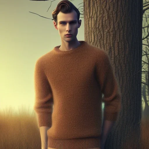 a full picture of a tall skinny man with light and greasy hair wearing a woolen sweater standing outside in nature