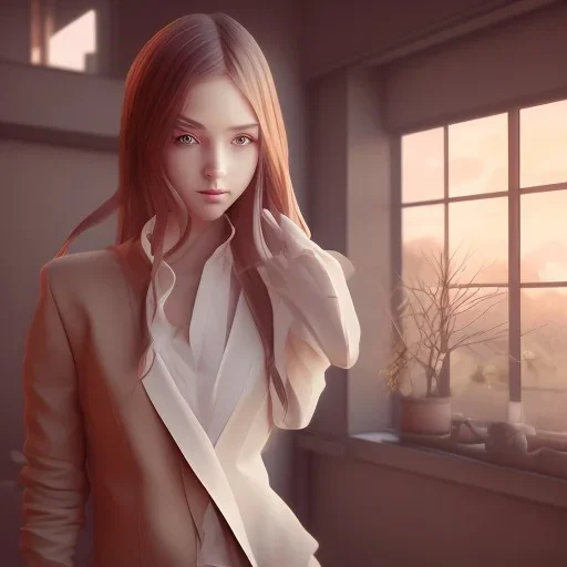 Anime, female student studying by the window,perfect face, cool face, ultra detail, unreal engine 5, cinema4d, sun light, studio lighting --ar 1:1 --v 4